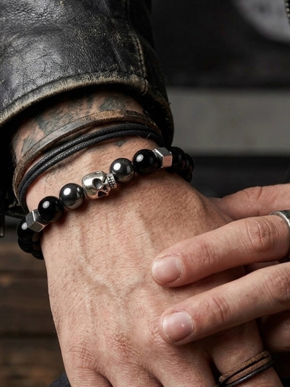 Obsidian Bracelet & Hematite Silver skull charm